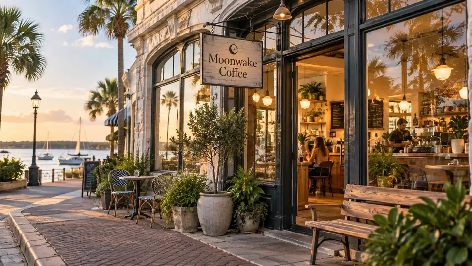 Original artwork of the Moonwake Coffee storefront in Silver Point Bay